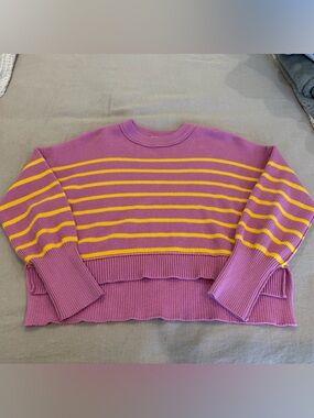 Cropped Crewneck Sweater in Pink with Yellow Stripes